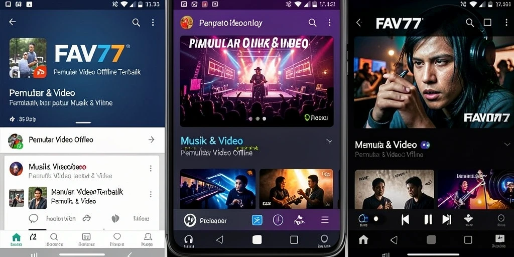 Antarmuka aplikasi FAV77 dengan berbagai fitur Pemutar Video Offline.