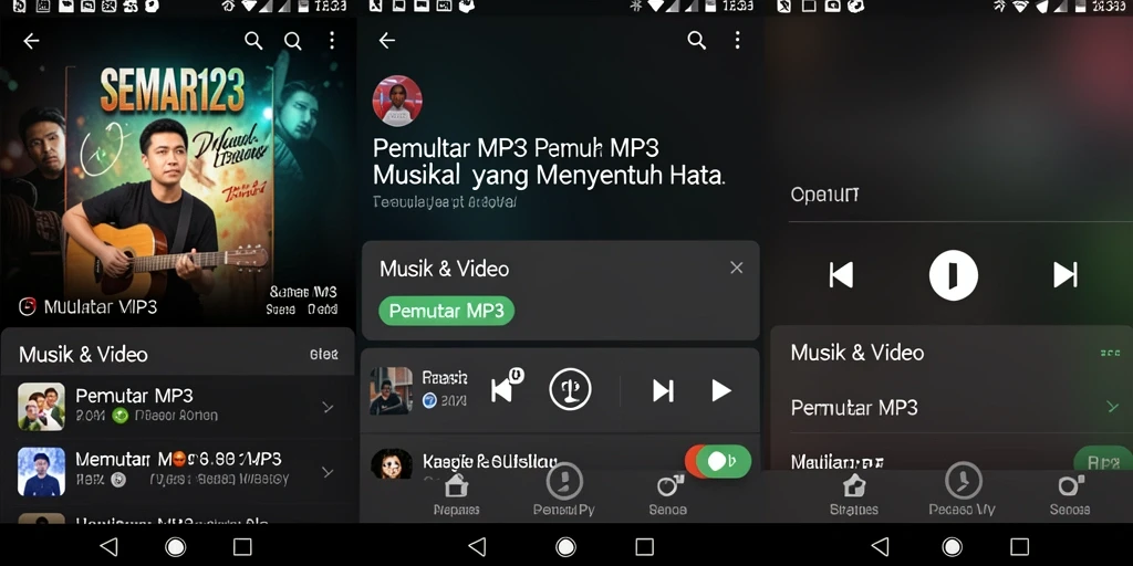 Antarmuka SEMAR123 menampilkan kontrol pemutar MP3 yang intuitif dan menarik.