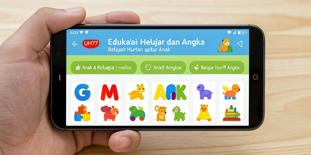 Tampilan antarmuka UH77 yang cerah dan ramah anak untuk belajar huruf dan angka.